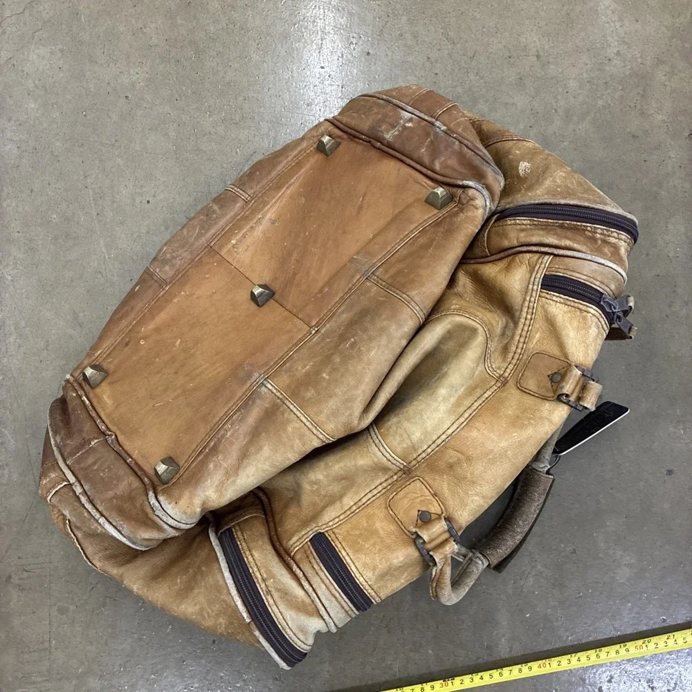 VTG GENUINE LEATHER Lg Weekender Overnight Duffle Bag Travel Beige Brown - Fair